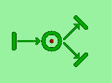 A rectangle pointing to a place which points
to two boxes. The place also holds a token.